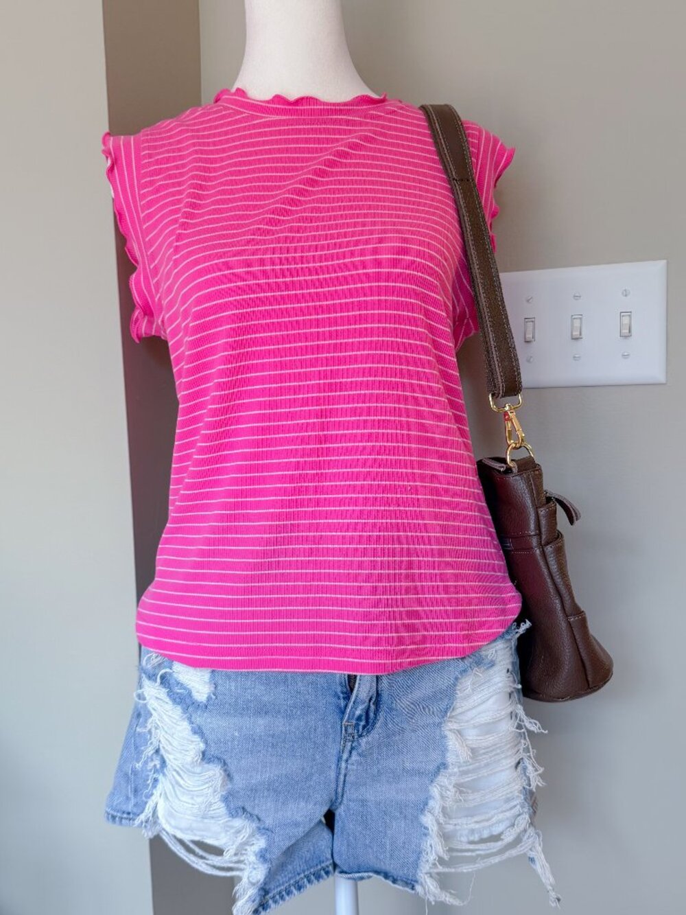 La Miel Hot Pink Striped Ribbed Tank Lettuce Hem - Size Large